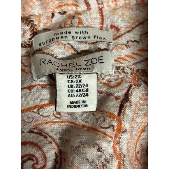 Rachele Zoe 100% LINEN 3/4 SLEEVE PULLOVER PAISLEY TUNIC TOP V-NECK 2X Tunic - Picture 9 of 10